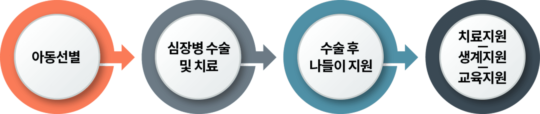아동선별, 심장병 수술 및 치료, 수술 후 나들이 지원, 치료지원/생계지원/교육지원
